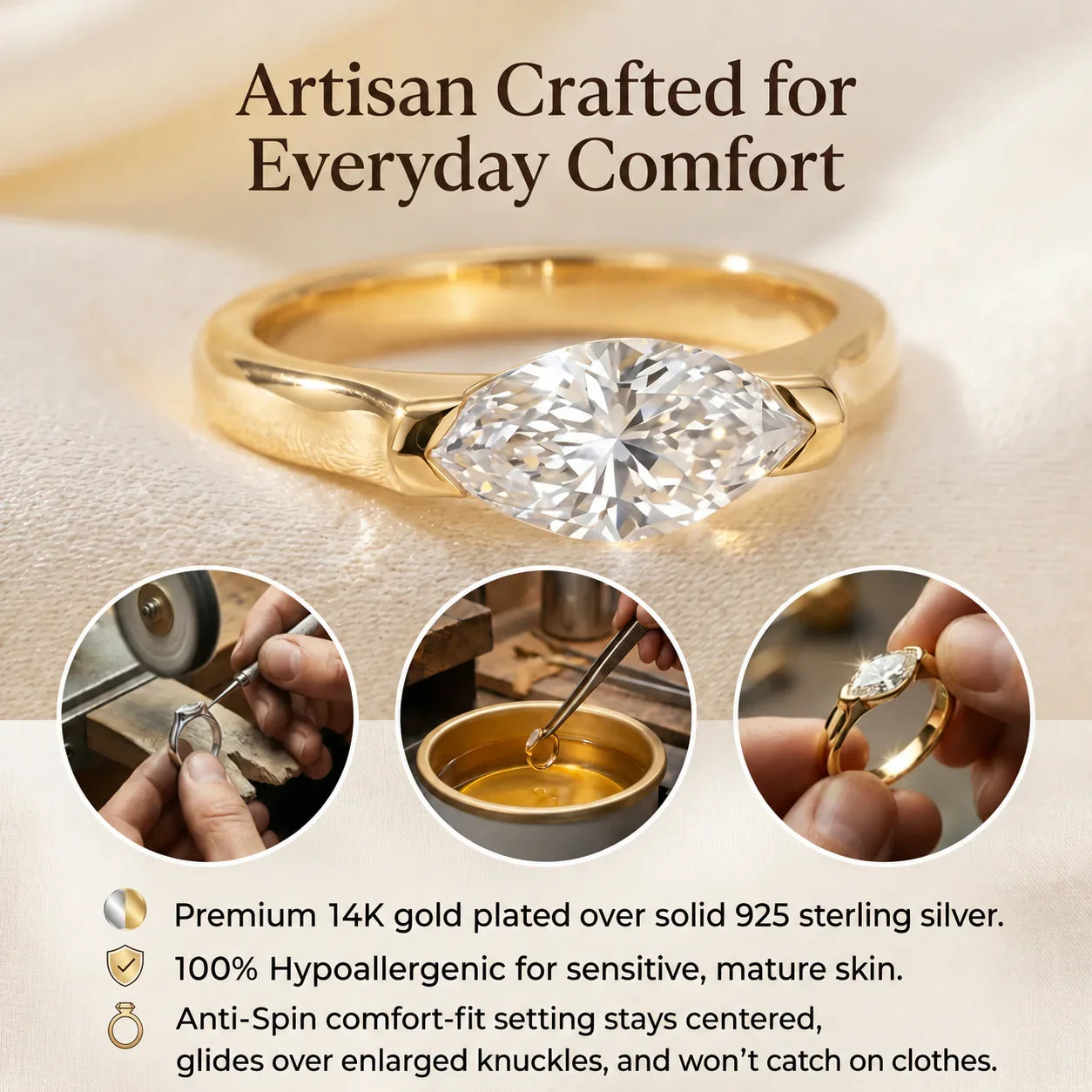 🔥 LAST DAY 90% OFF:  Anti-Spin VVS1 Flawless Moissanite East-to-West Marquise Ring in 14K Gold