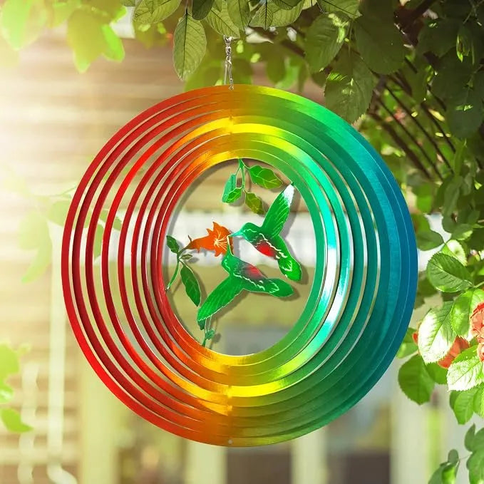 FONMY Wind Spinner Outdoor Metal 3D Hanging Garden Decoration for Indoor Outdoor Rainbow Color Hummingbird Metal Wind Spinners