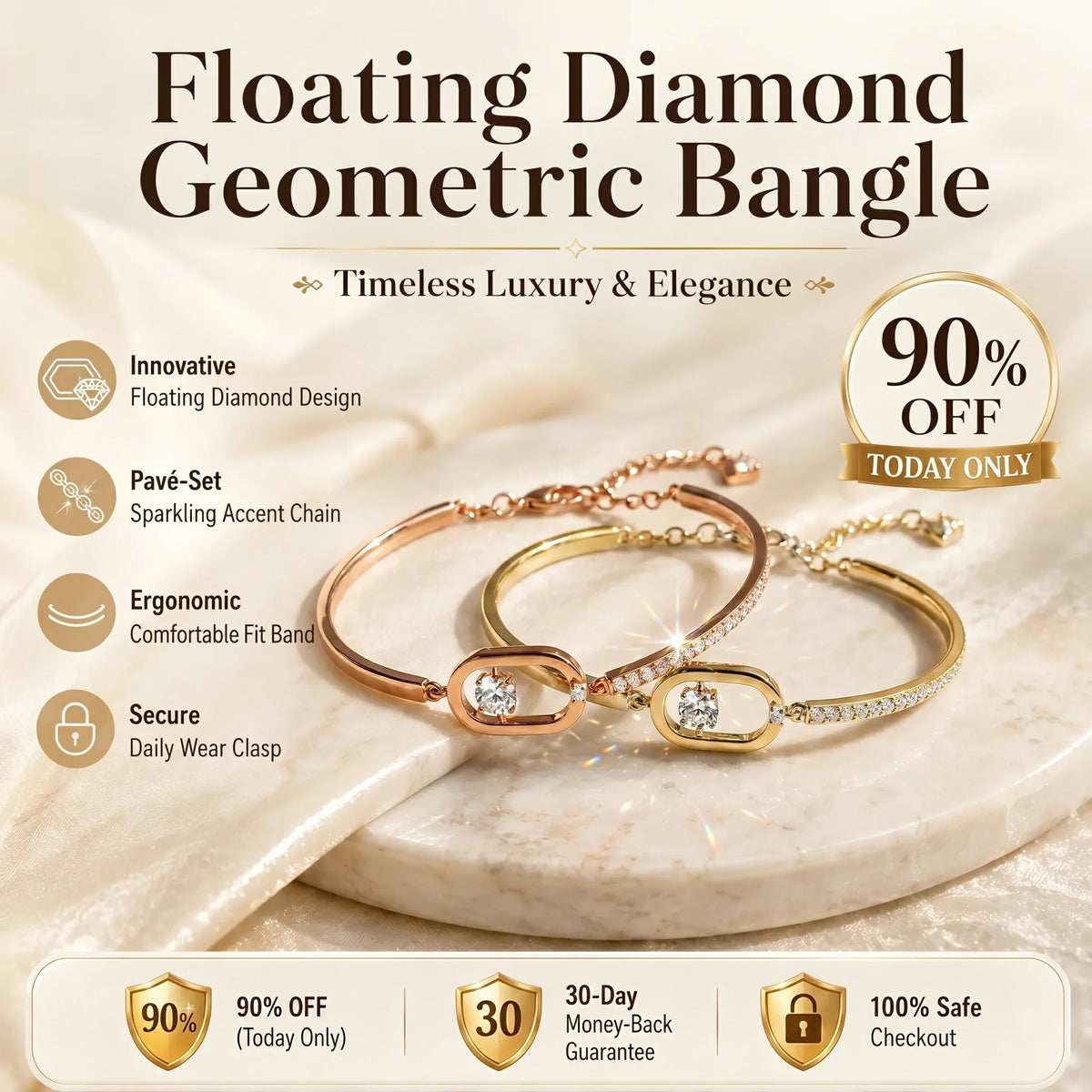 🔥 LAST DAY 90% OFF : Floating Diamond Geometric Bangle – Timeless Luxury &amp; Kinetic Brilliance