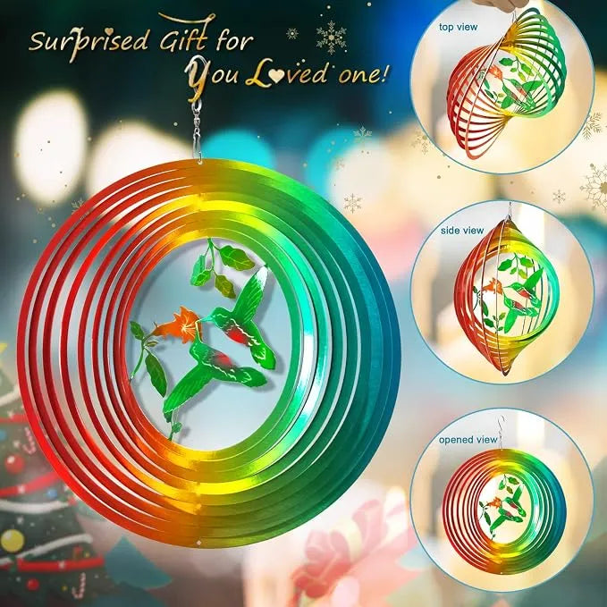 FONMY Wind Spinner Outdoor Metal 3D Hanging Garden Decoration for Indoor Outdoor Rainbow Color Hummingbird Metal Wind Spinners