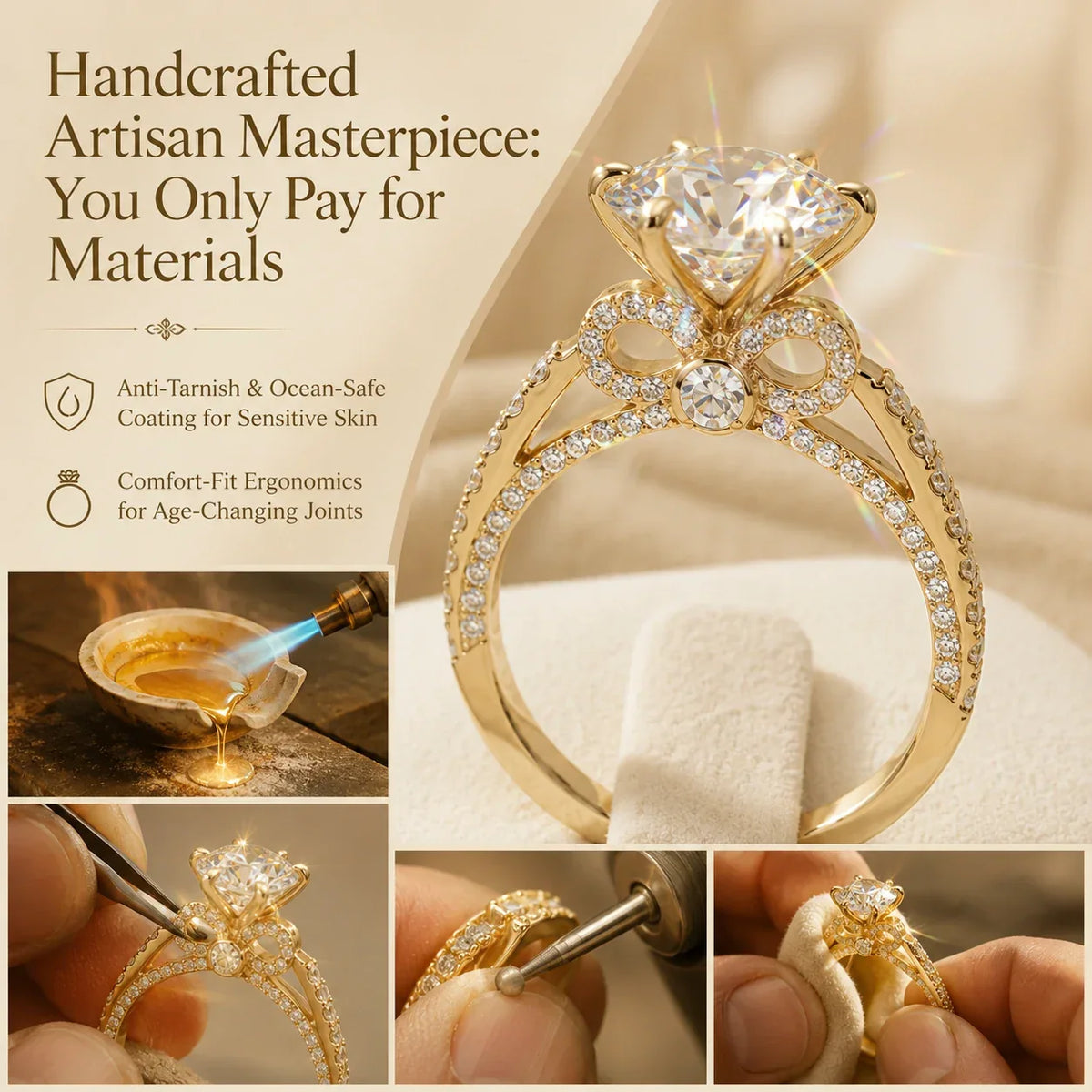 🔥 LAST DAY 90% OFF: Tester-Passing HD-Fire D-VVS1 Flawless Moissanite Vintage Bow Ring in Triple 14K Gold