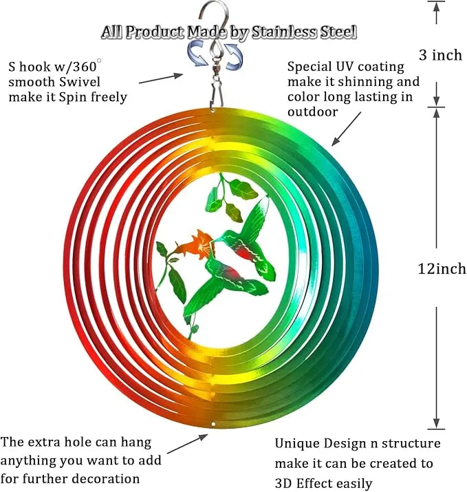 FONMY Wind Spinner Outdoor Metal 3D Hanging Garden Decoration for Indoor Outdoor Rainbow Color Hummingbird Metal Wind Spinners
