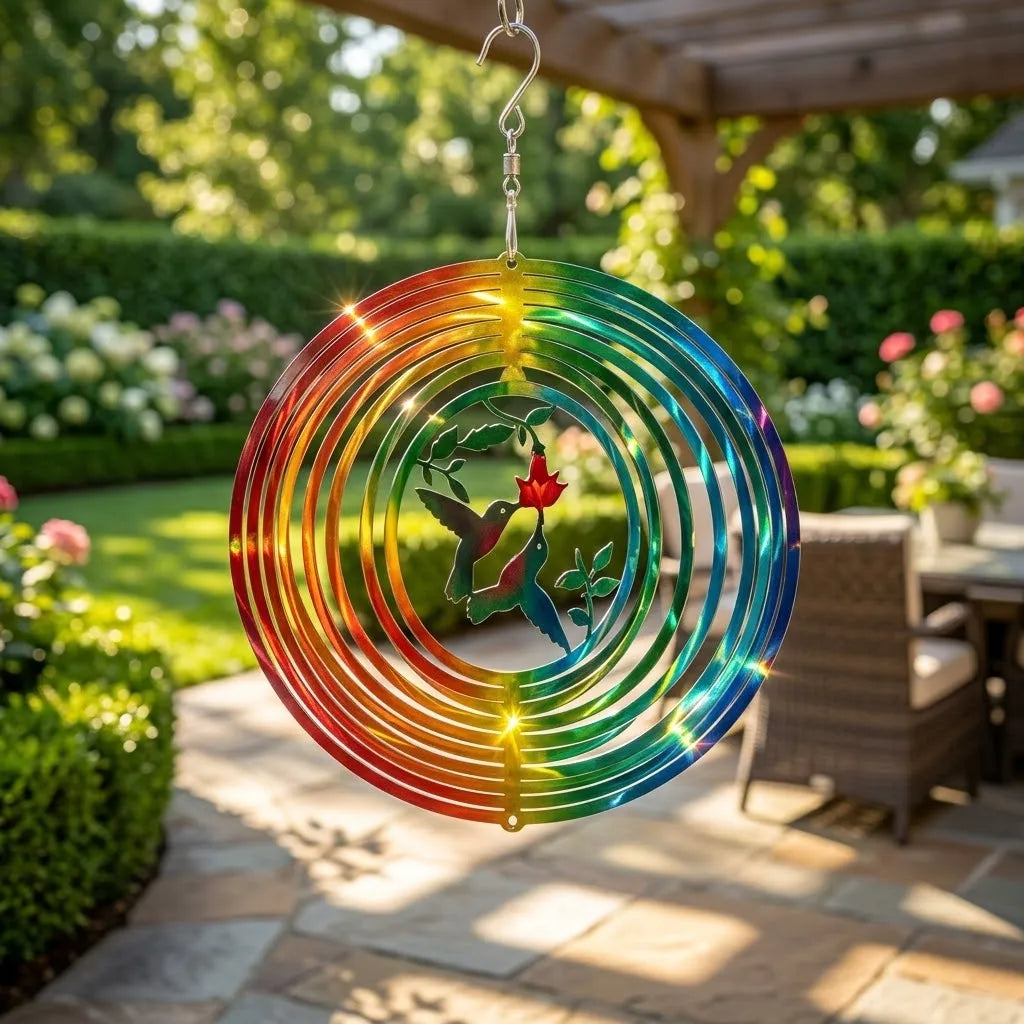 FONMY Wind Spinner Outdoor Metal 3D Hanging Garden Decoration for Indoor Outdoor Rainbow Color Hummingbird Metal Wind Spinners