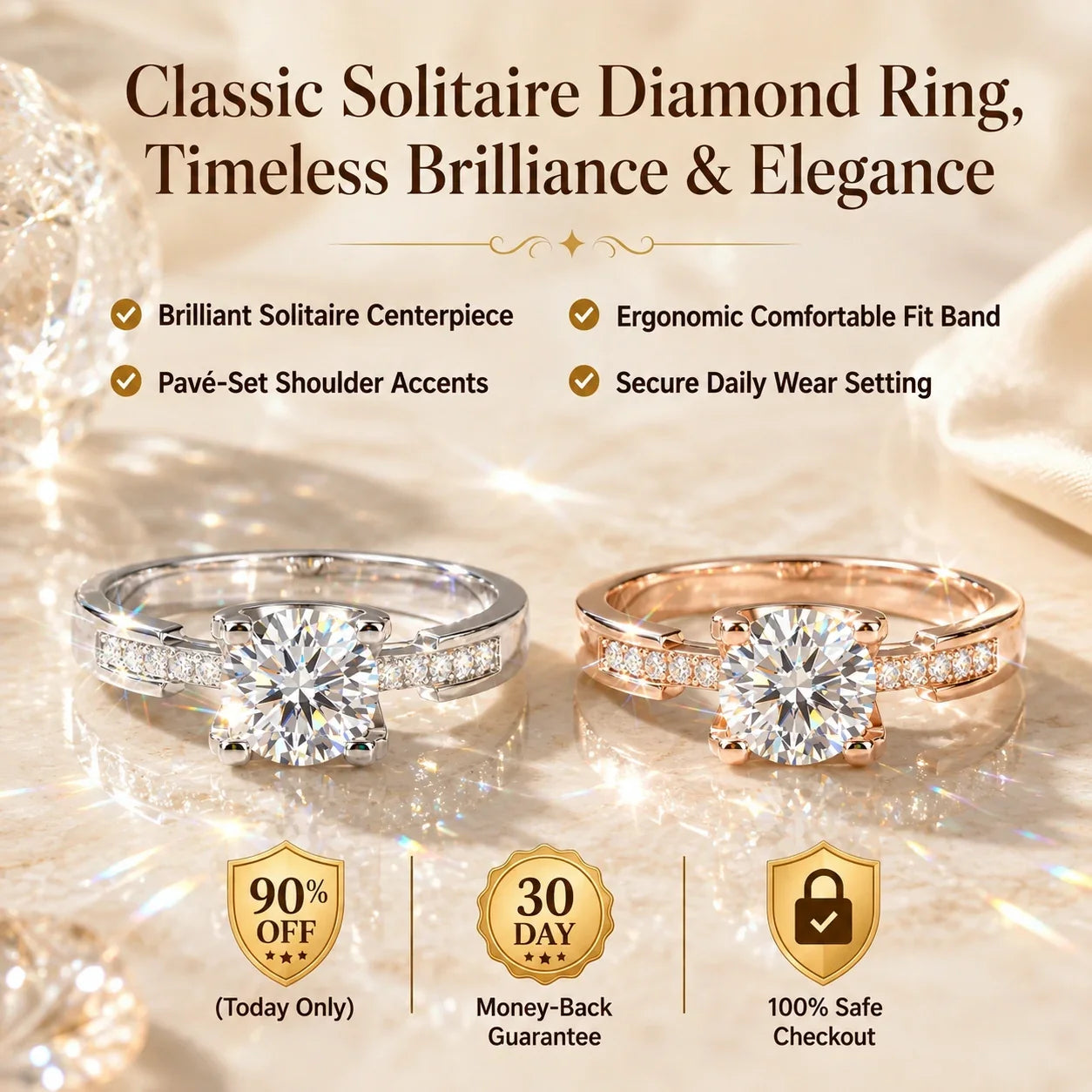 🔥90% OFF TODAY ONLY：Classic Solitaire Pavé Diamond Ring – Timeless Brilliance &amp; Ergonomic Comfort Fit