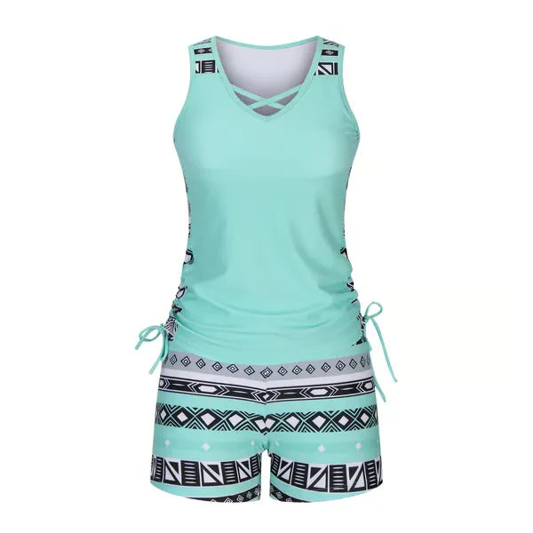 LAST DAY 90% OFF -  Women's 2-Piece Tummy Control Tankini Set with Built-In Bra – Flattering Boho Swimwear with Shorts