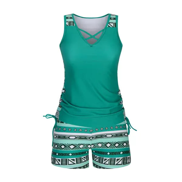 LAST DAY 90% OFF -  Women's 2-Piece Tummy Control Tankini Set with Built-In Bra – Flattering Boho Swimwear with Shorts
