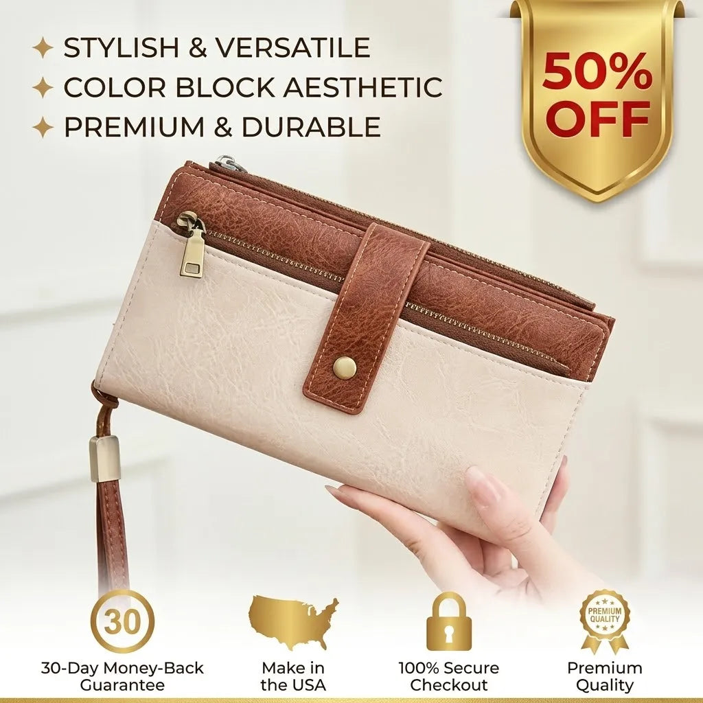 🔥Last Day 50% OFF-Women's long wallet, stylish clutch, elegant solid color blocking wallet